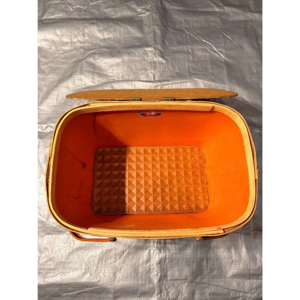 Vintage Red-Man Woven Picnic Basket Orange Interior Folding Handles Peru Indiana